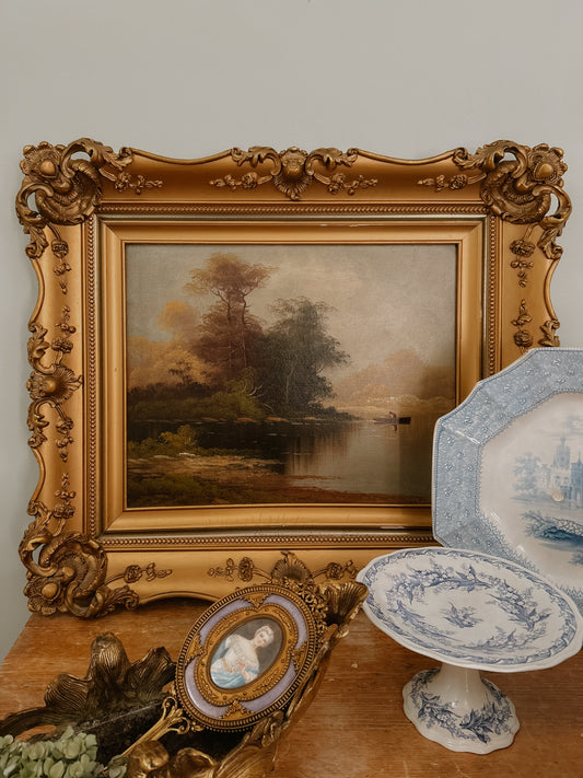 Large Framed Oil Painting | Rowboat Scene