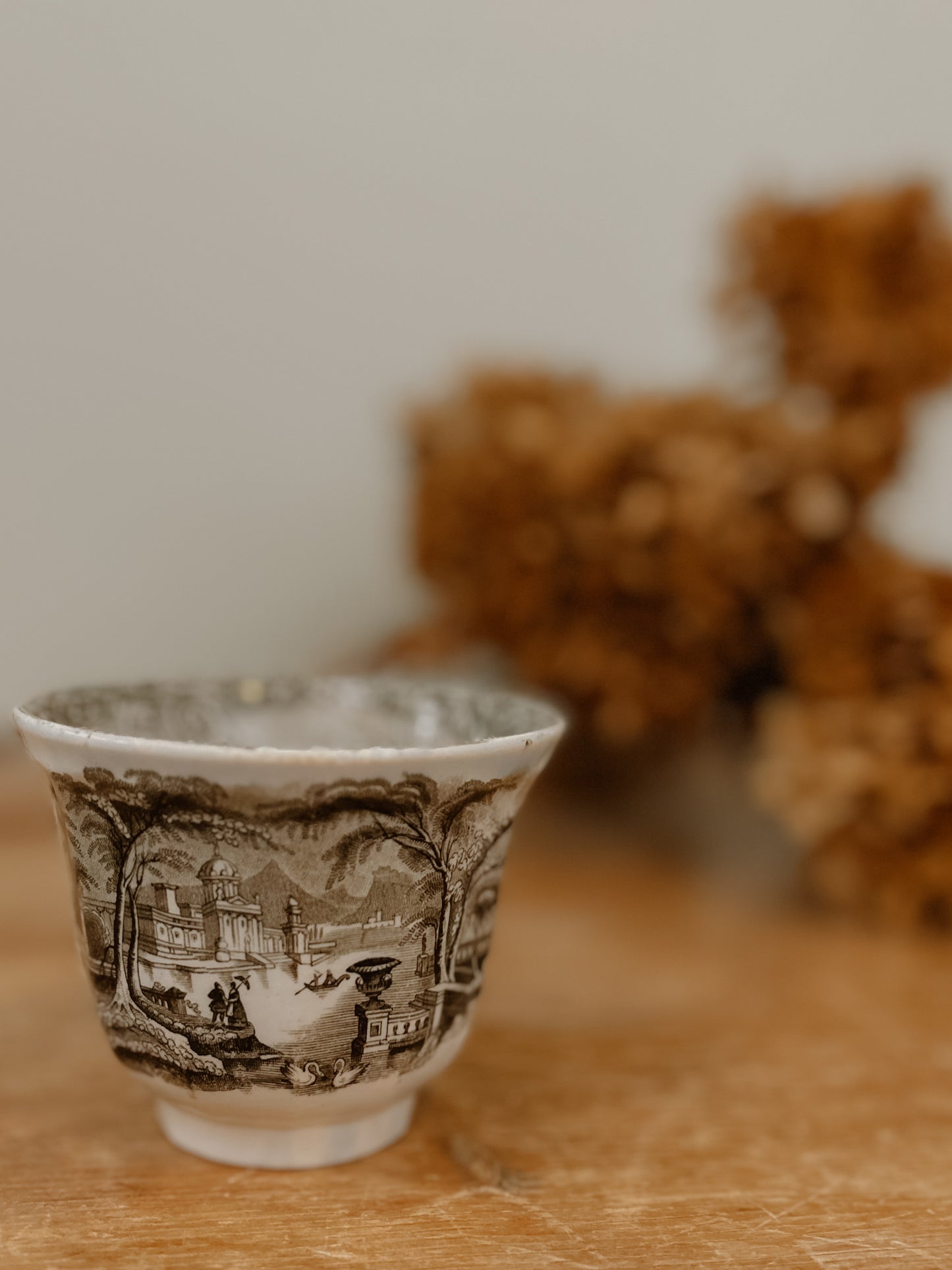 Brown Transferware Handleless Cup