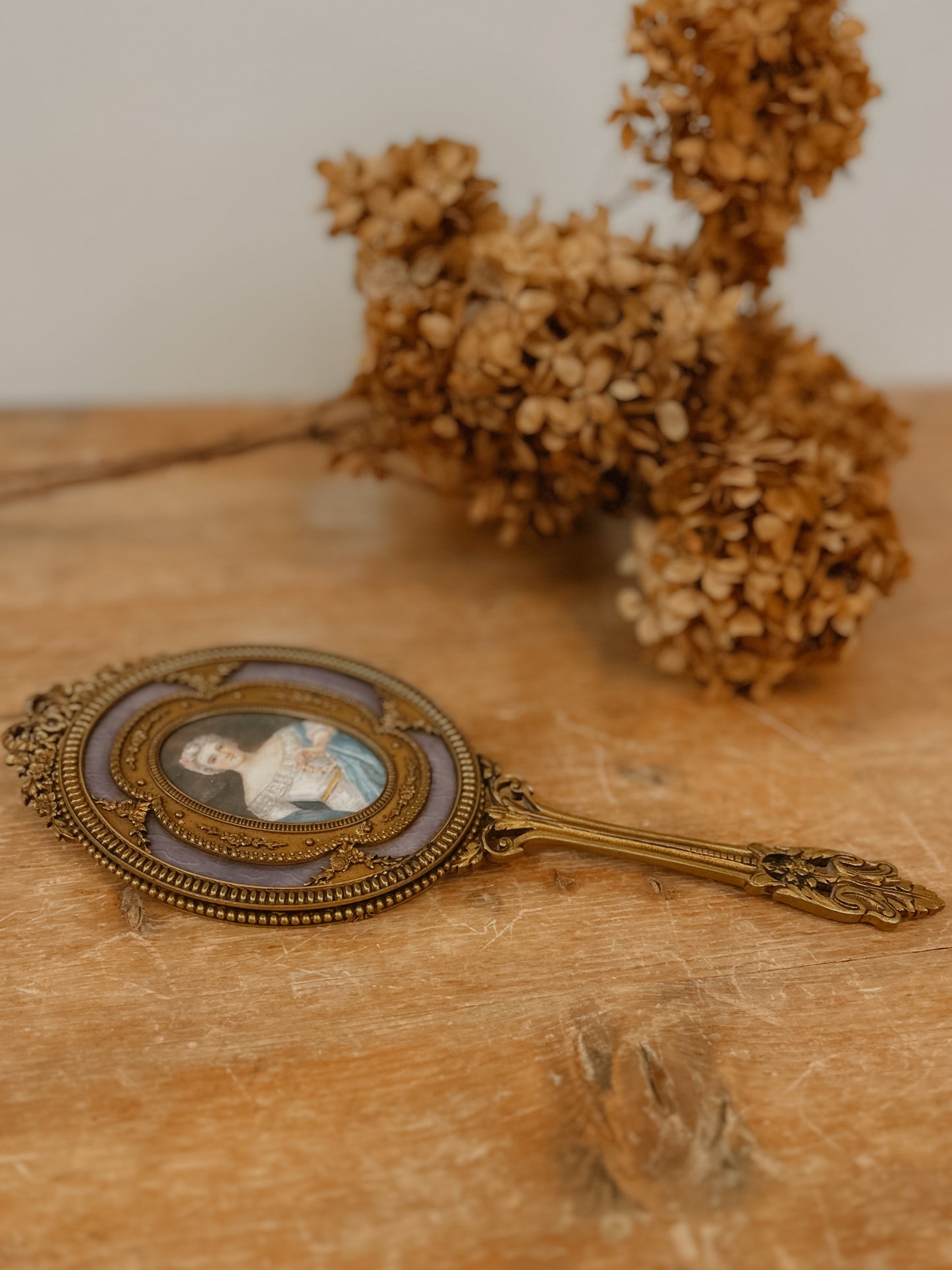 Antique French Hand Mirror with Portrait