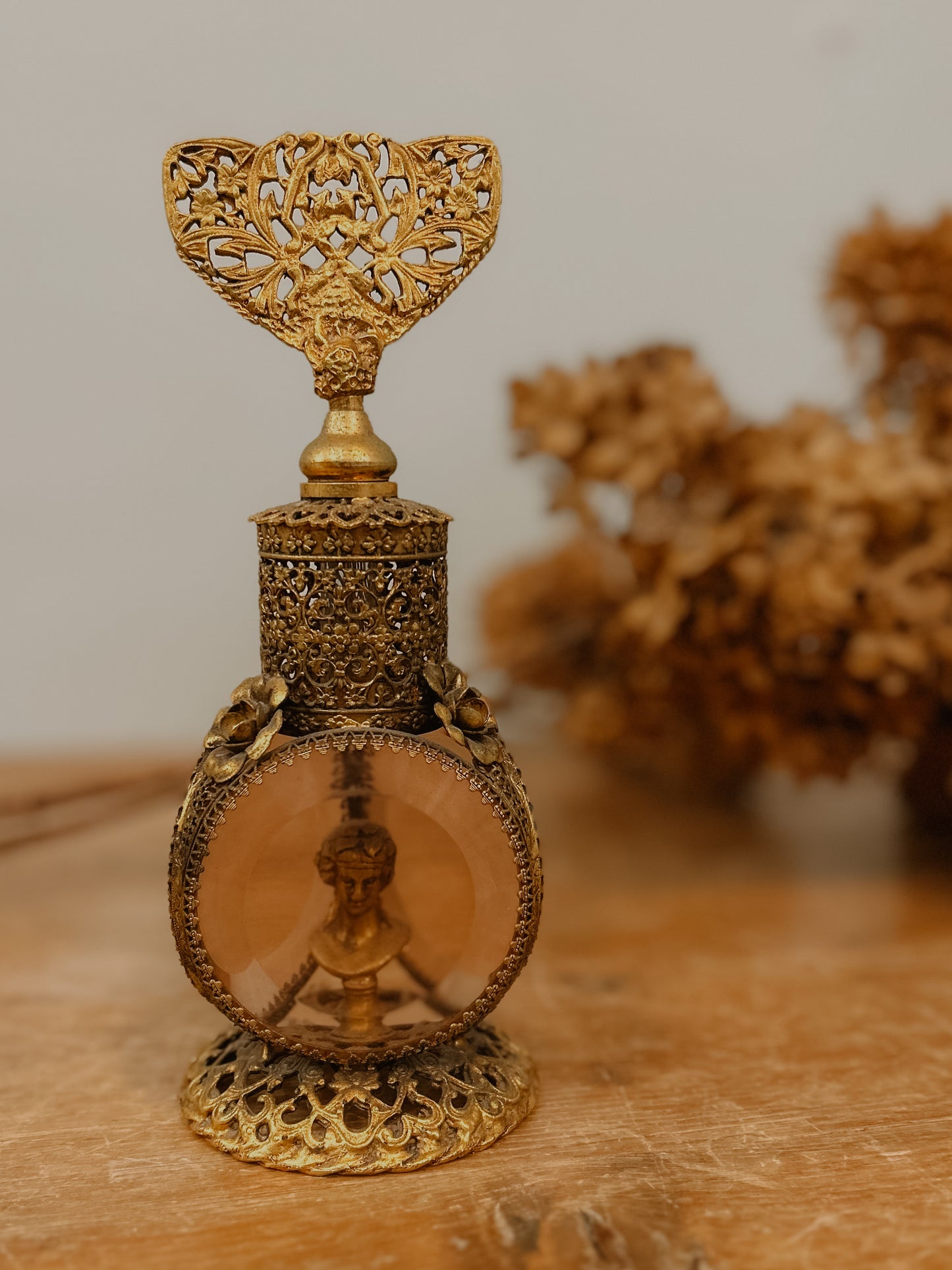 Vintage Ormolu Filigree Ornate Perfume Bottle with Bust Figure