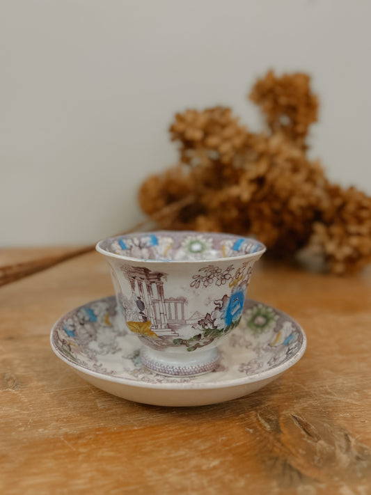 Purple Polychrome Transferware Handleless Cup and Saucer