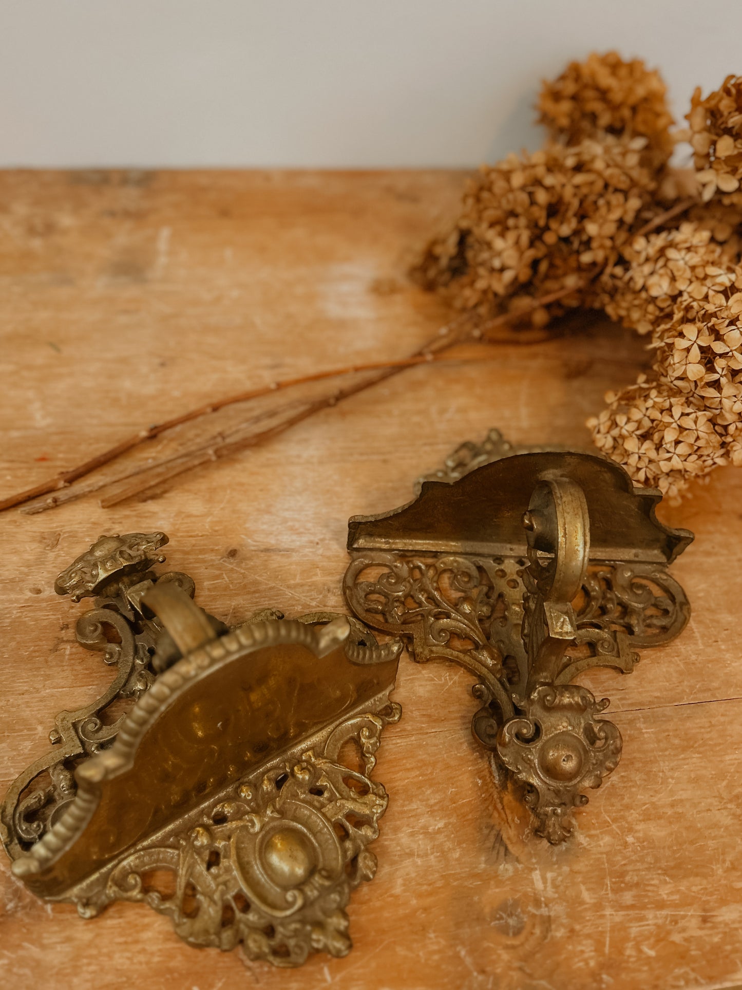 Pair of Ornate Brass Shelves