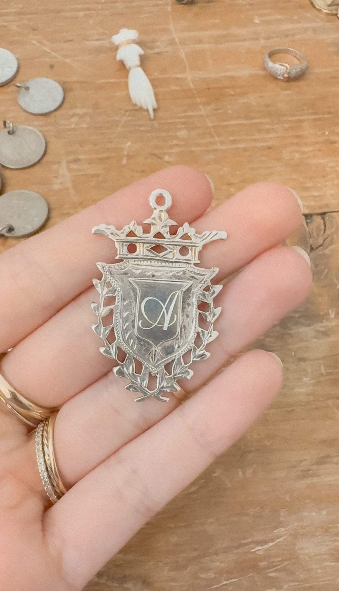 Antique English Sterling Sheild Pendant | Engraved A