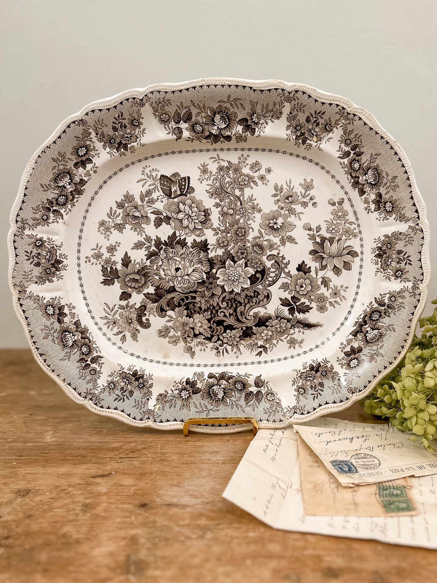 Antique Brown & White Tuscan Rose Platter