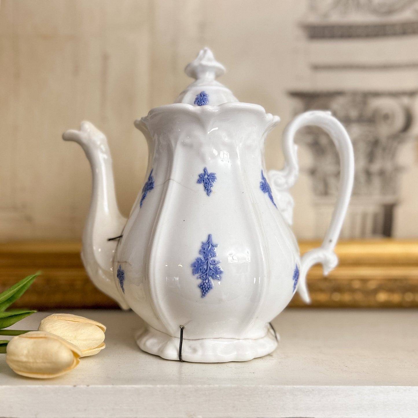 19th-Century French Porcelain Coffee Pot with Blue Grape Motifs & Early Staple Repairs
