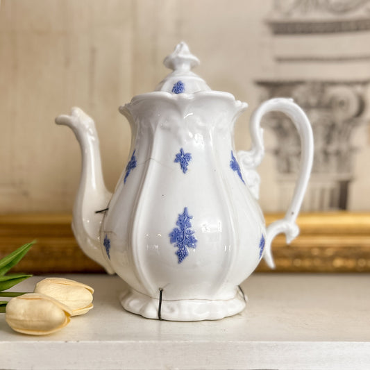 19th-Century French Porcelain Coffee Pot with Blue Grape Motifs & Early Staple Repairs