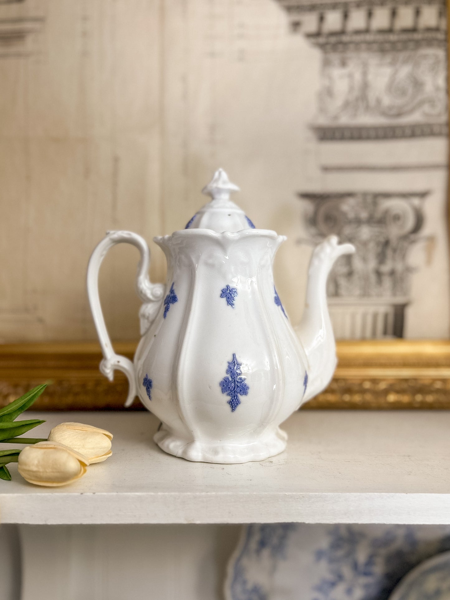 19th-Century French Porcelain Coffee Pot with Blue Grape Motifs & Early Staple Repairs