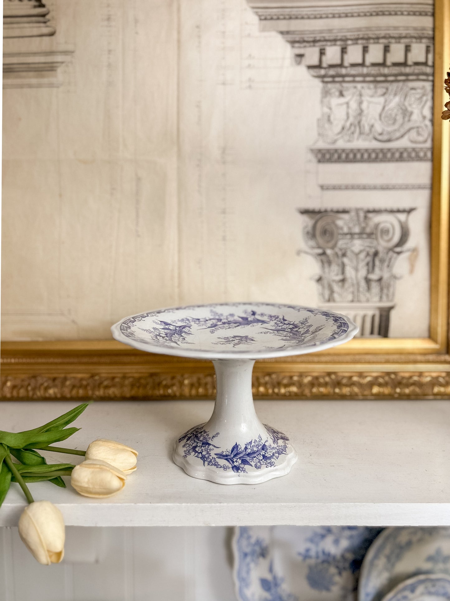 19th-Century French Blue Transferware Pedestal Compote
