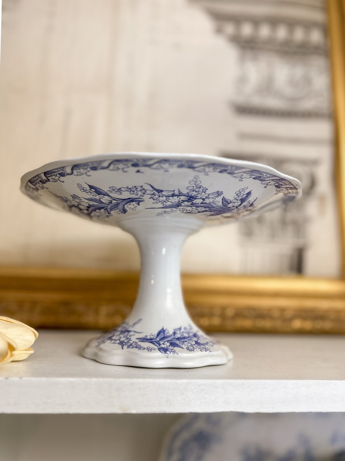 19th-Century French Blue Transferware Pedestal Compote
