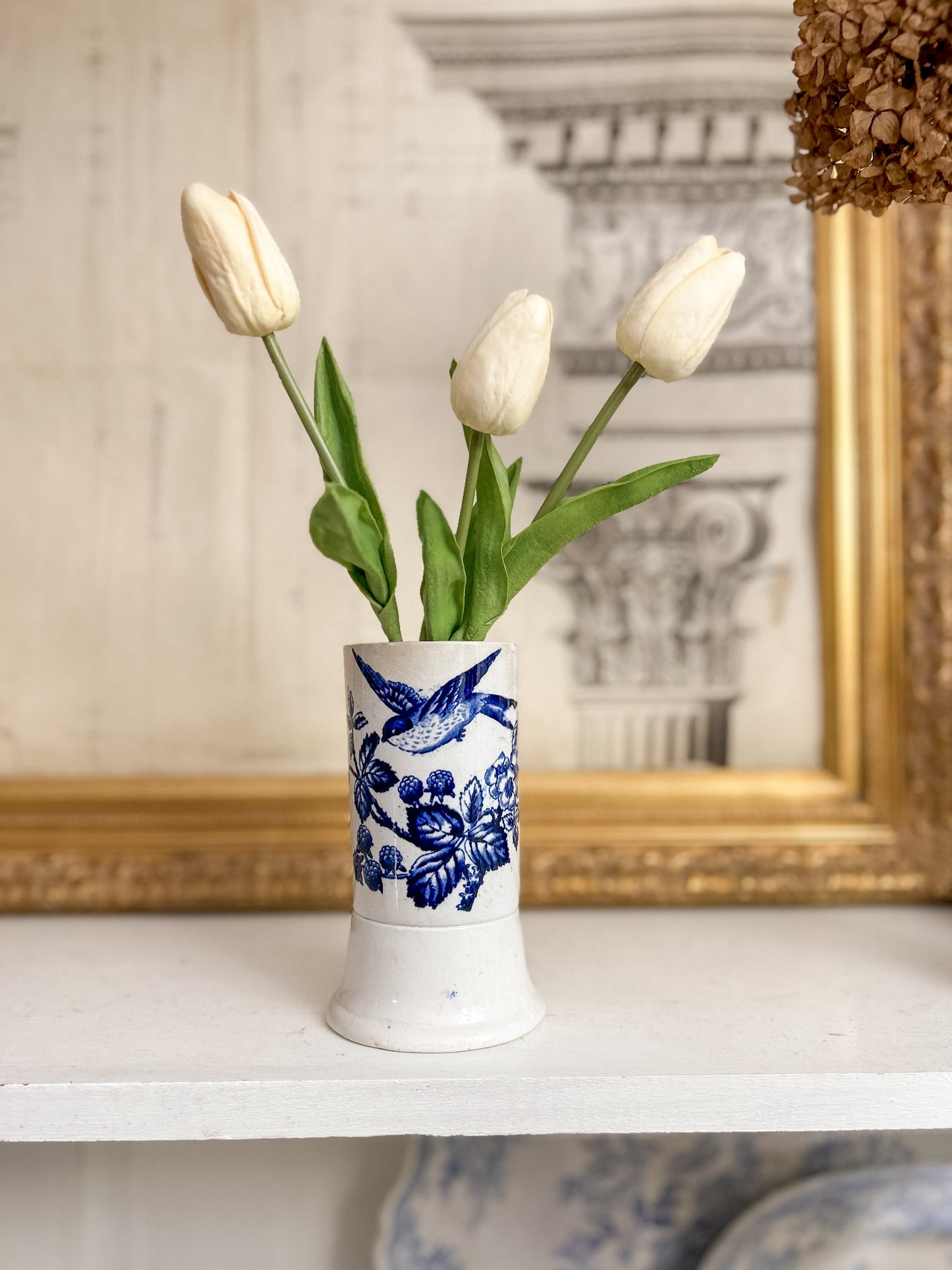 Victorian Blue Transferware Spill Vase – “Beatus” Stamp