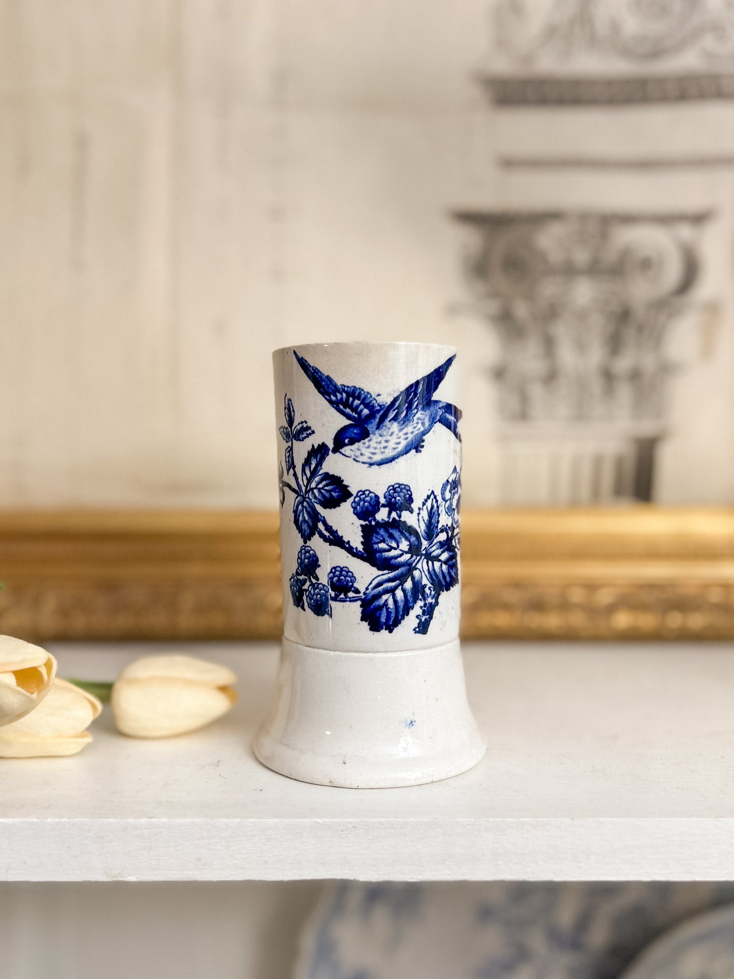 Victorian Blue Transferware Spill Vase – “Beatus” Stamp