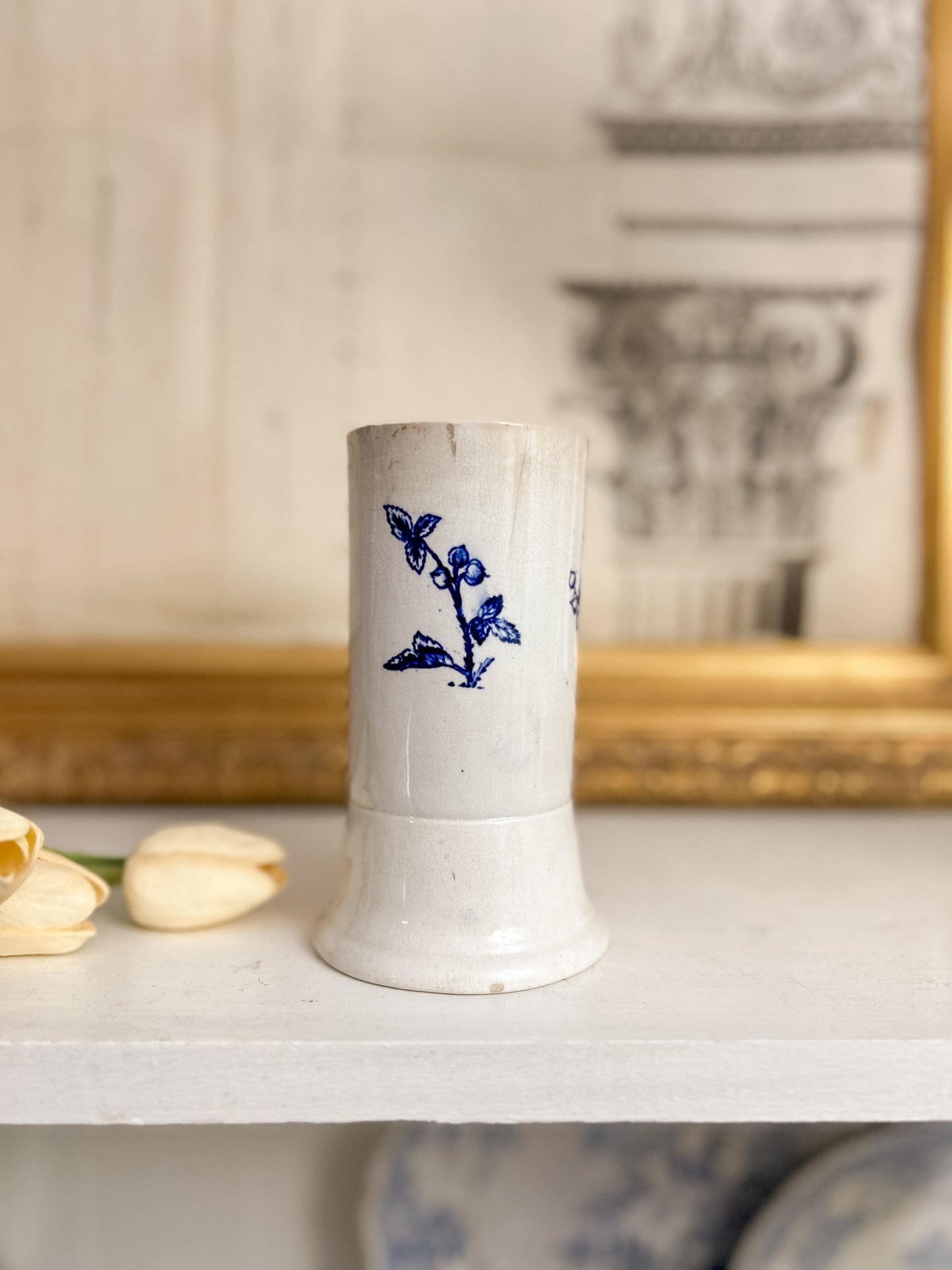 Victorian Blue Transferware Spill Vase – “Beatus” Stamp