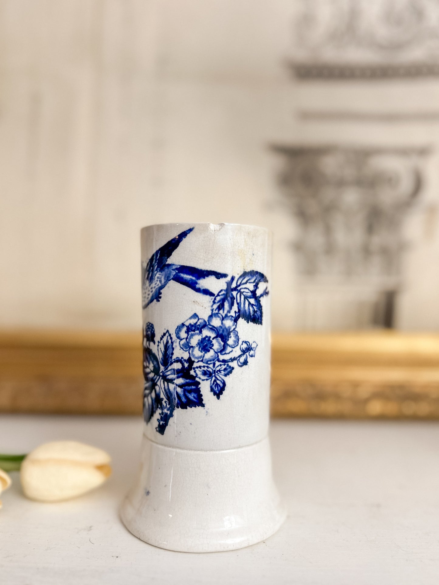 Victorian Blue Transferware Spill Vase – “Beatus” Stamp