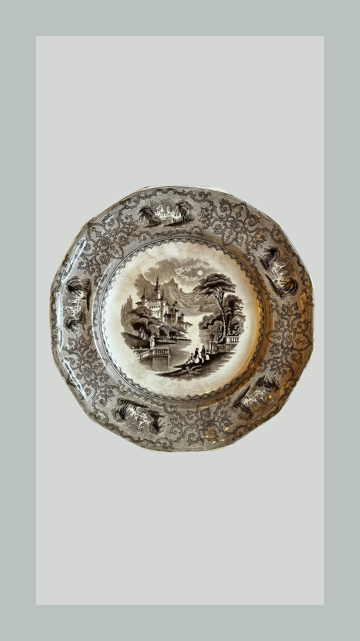 Antique Brown Transferware Plate | Monterey Pattern