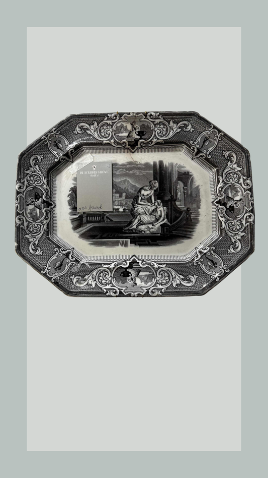 Antique Black Transferware Platter *as found: chips/ hairline crack