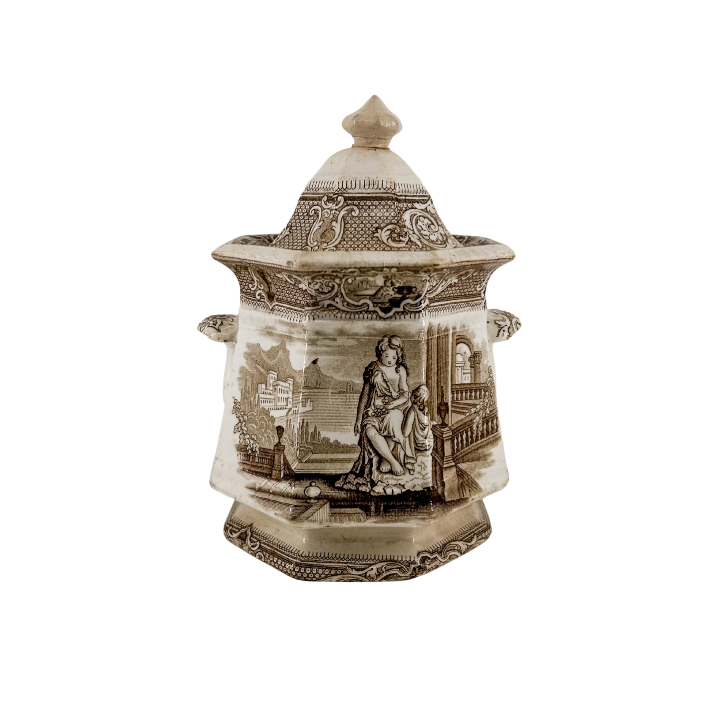 Antique Brown & White Transferware Sugar Dish | *finial repair, chip to lid