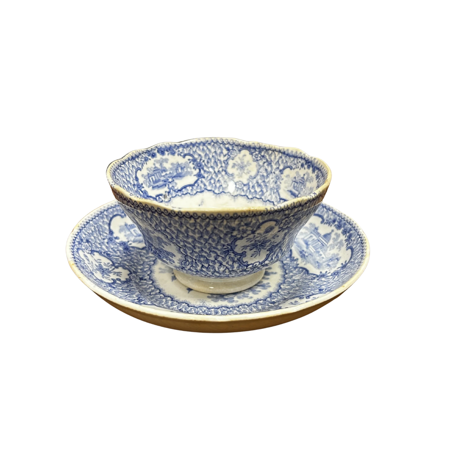 Blue and White Handleless Cup and Saucer