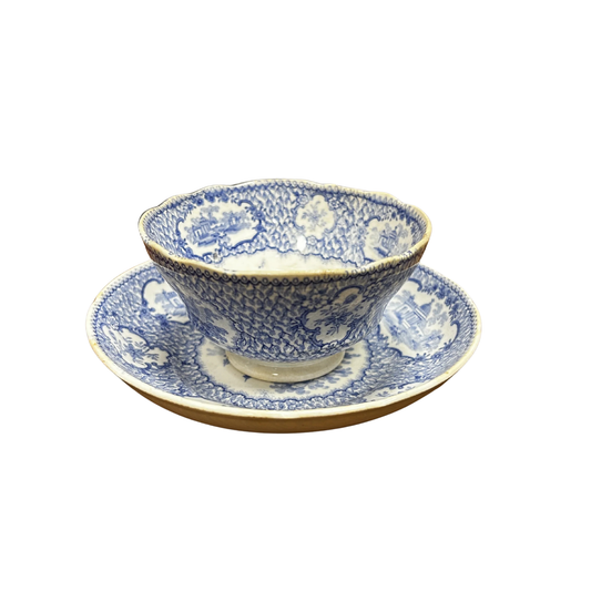 Blue and White Handleless Cup and Saucer