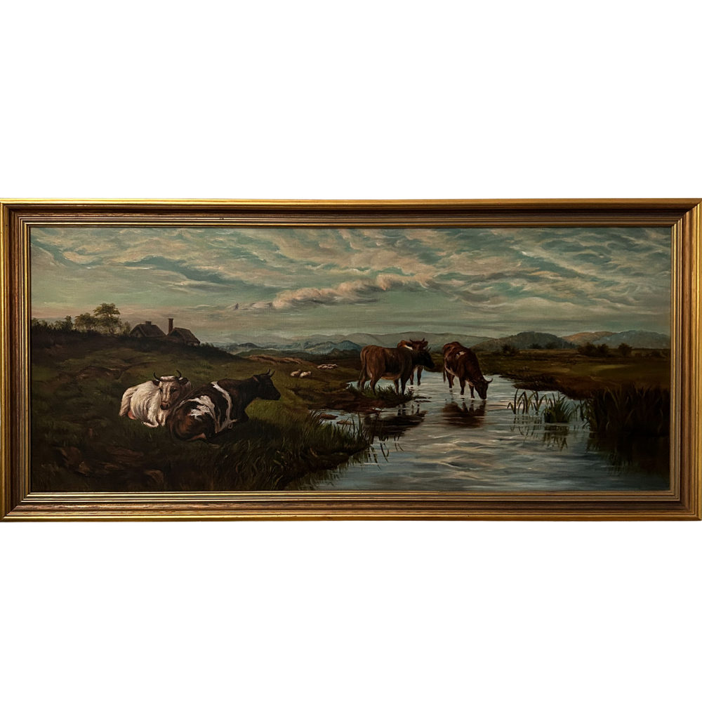 Antique Pastoral with Cows Oil on Board