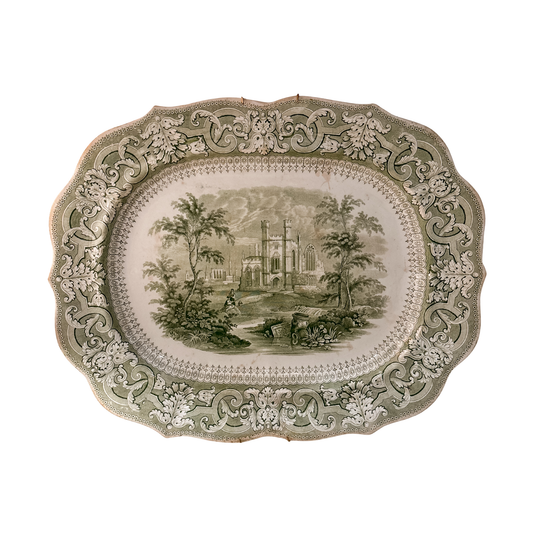 Antique English Green and White Transferware Platter | Gothic Ruins
