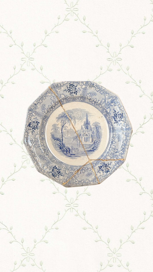 Antique Blue and White Ironstone Plate with Kintsugi Repair