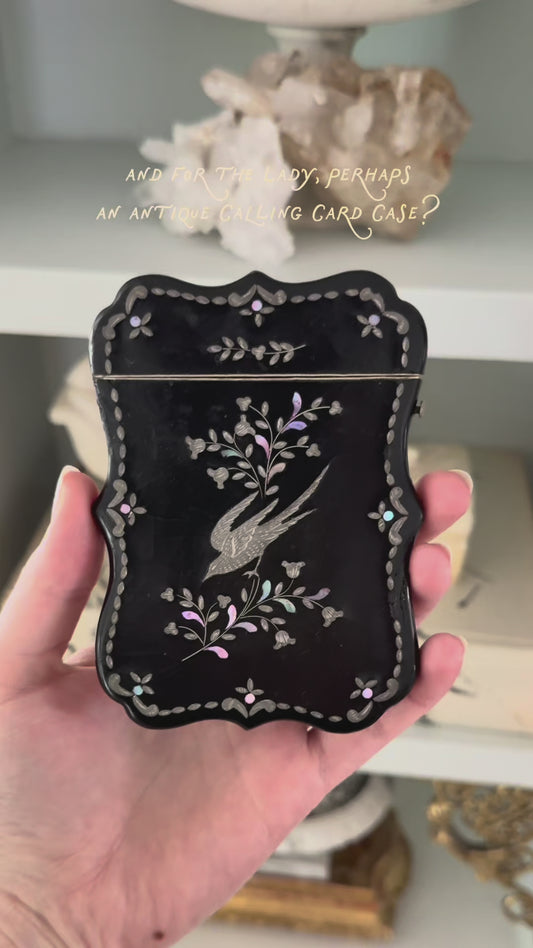 Antique Ebonized Wood, Silverplate, and Mother of Pearl/ Abalone Calling Card Case