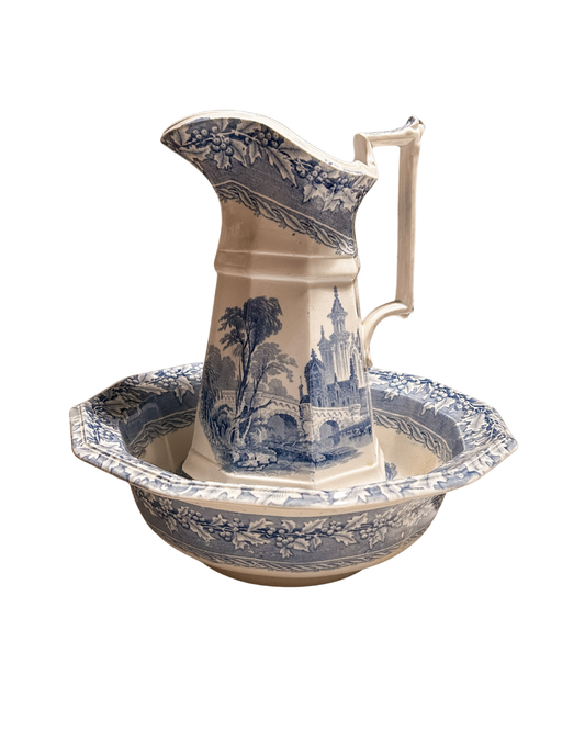 Antique English Transferware Pitcher and Basin | "Holly" Pattern *repaired basin